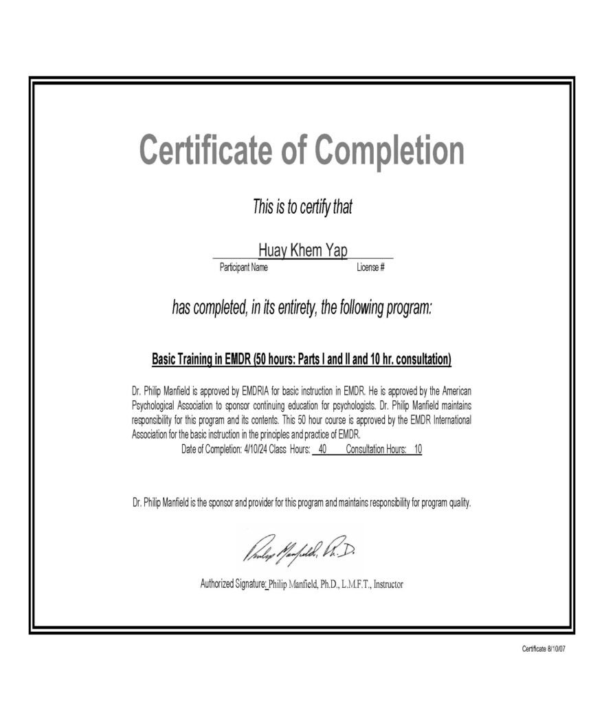 EMDR Certificate of Completion - Yap Huay Khem