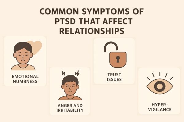 Common PTSD symptoms that affect relationships, including emotional numbness, anger, trust issues, and hypervigilance - Insightful Counselling