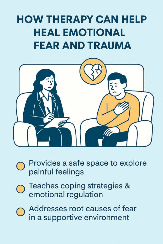 how therapy helps heal emotional fear and trauma, with illustrations of a therapist and client, and points on safe emotional exploration, coping strategies, and supportive healing