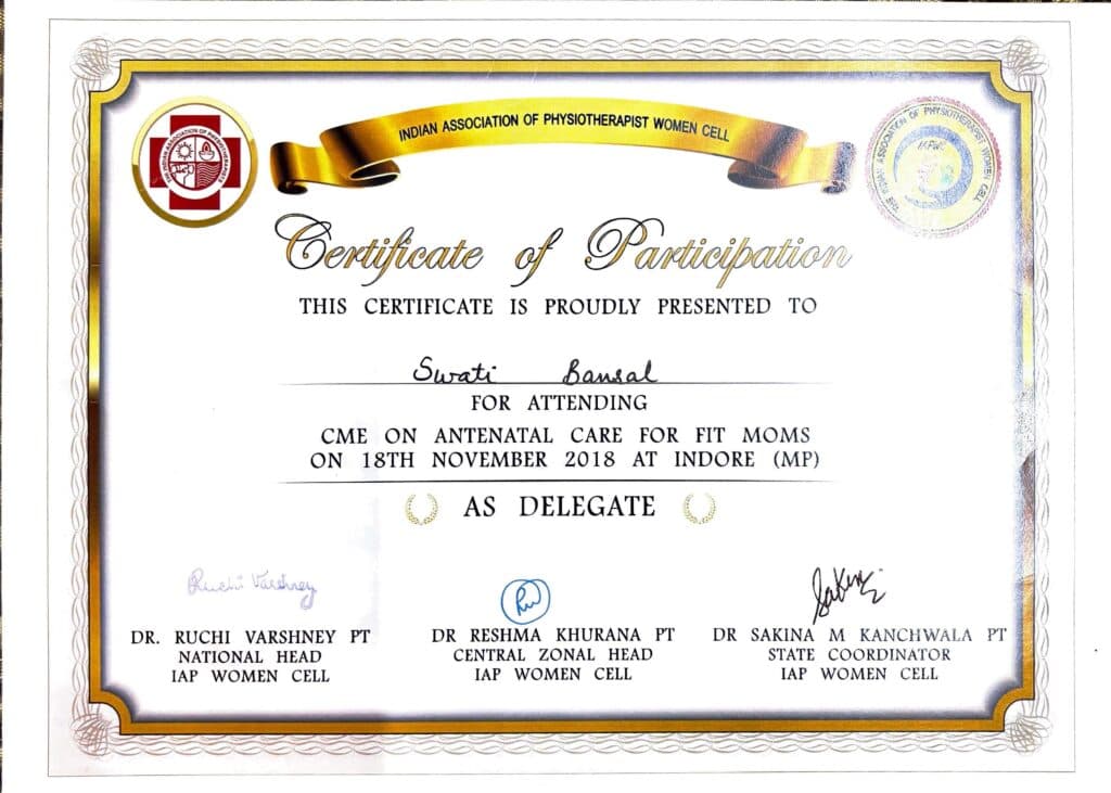 CERTICATE OF PARTICIPATION FROM INDIAN ASSOCIATION OF PHYSIOTHERAPIST WOMEN CELL - SWATI BANSAL