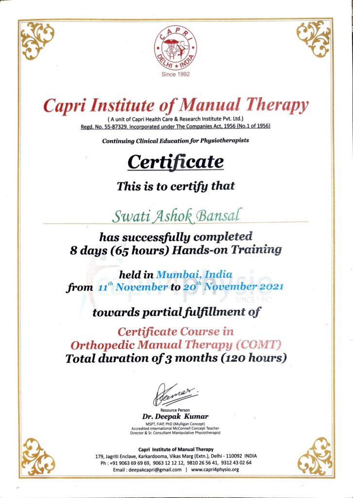 Certifiacte of Capri Institute of Manual Therapy - Swati Bansal