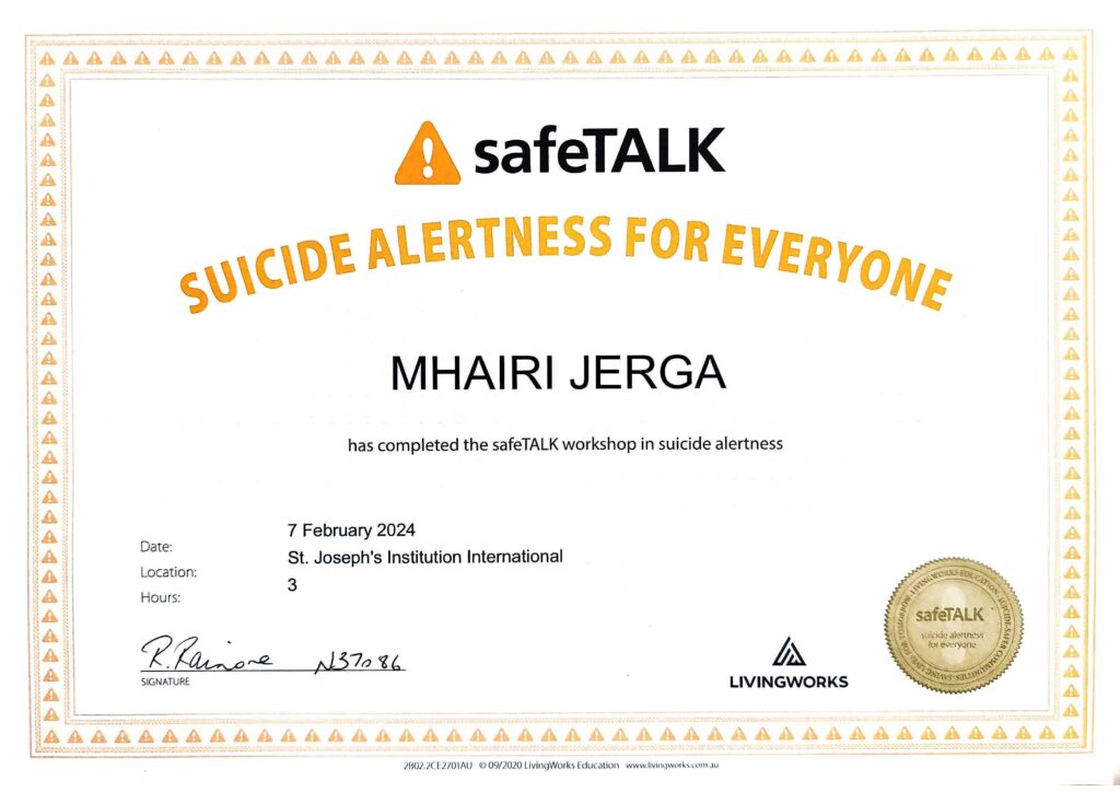 SafeTalk Certificate - Mhairi Jerga Counsellor at Insightful Counselling