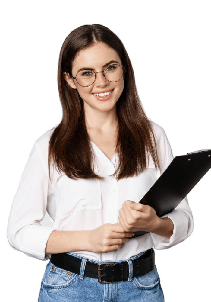 portrait-corporate-woman-holding-clipboard-work-standing-formal-outfit-white-background